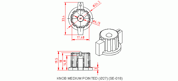 Dimensional drawing for SM019 Knob Small Round Dia 17 mm