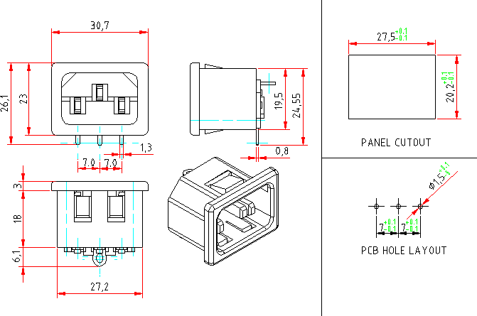 Dimensional drawing for SM036 Computer Socket PCB Snap Mounting