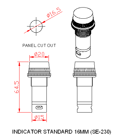Dimensional drawing for SM230 Indicator Standard 16mm