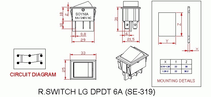 Dimensional drawing for SM321 Rocker Switch Large 16A DPDT On On
