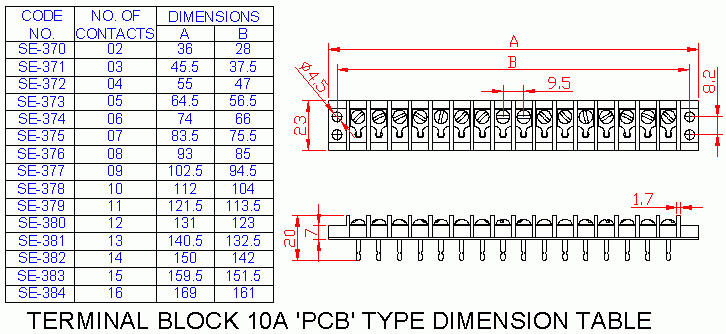 Dimensional drawing for SM377 Terminal Block "PCB" Type 10A 9 Way