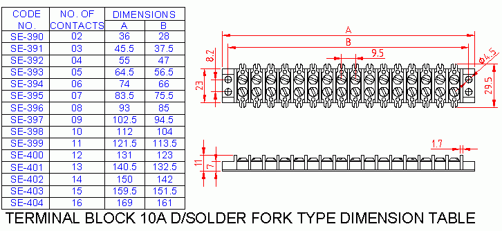 Dimensional drawing for SM404 Terminal Block Double Solder Fork Type 10A 16 Way