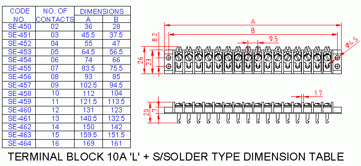 Dimensional drawing for SM451 Terminal Block Single Solder Type 10A L 3 Way