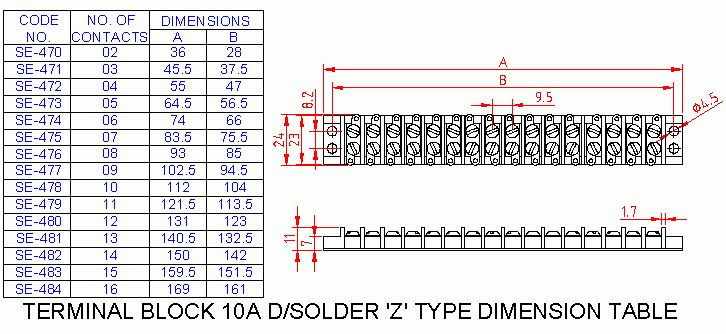 Dimensional drawing for SM477 Terminal Block Double Solder Z Type 10A 9 Way