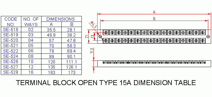 Dimensional drawing for SM518 Terminal Block Open Type 15A 2 Way