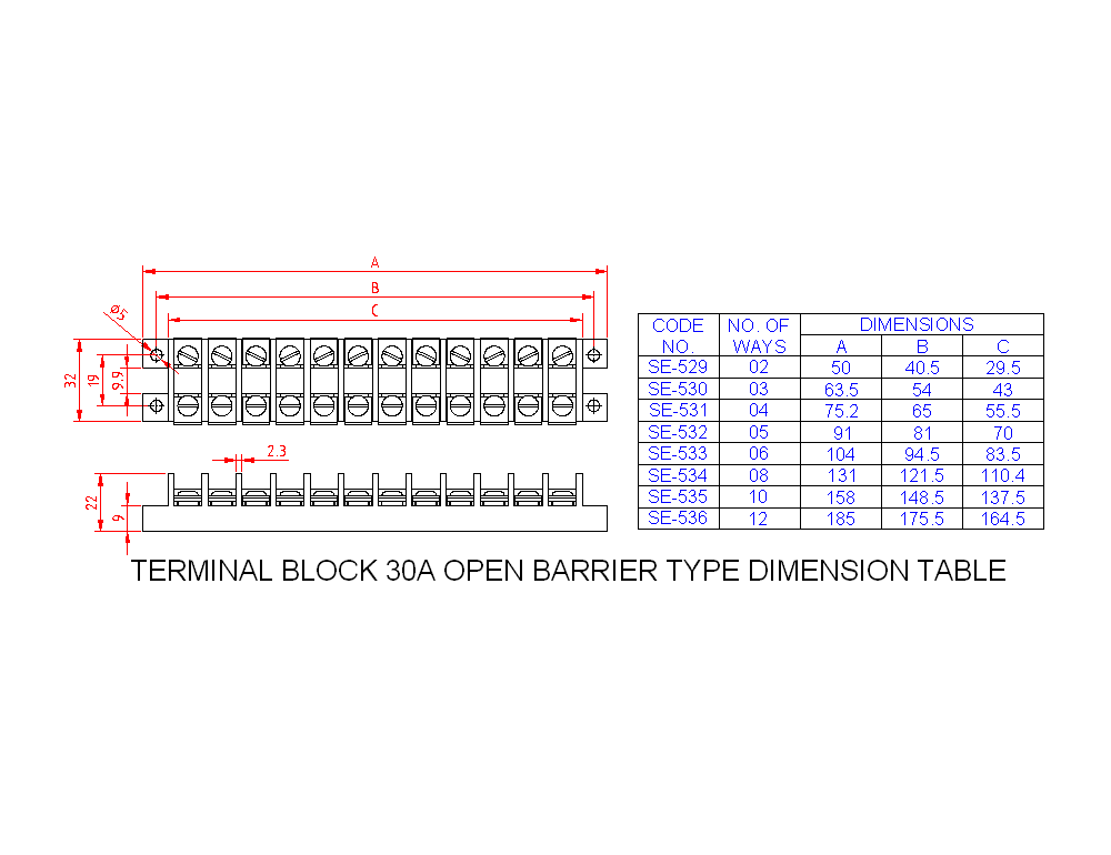 Dimensional drawing for SM536 Terminal Block Open Barrier Type 30A 12 Way