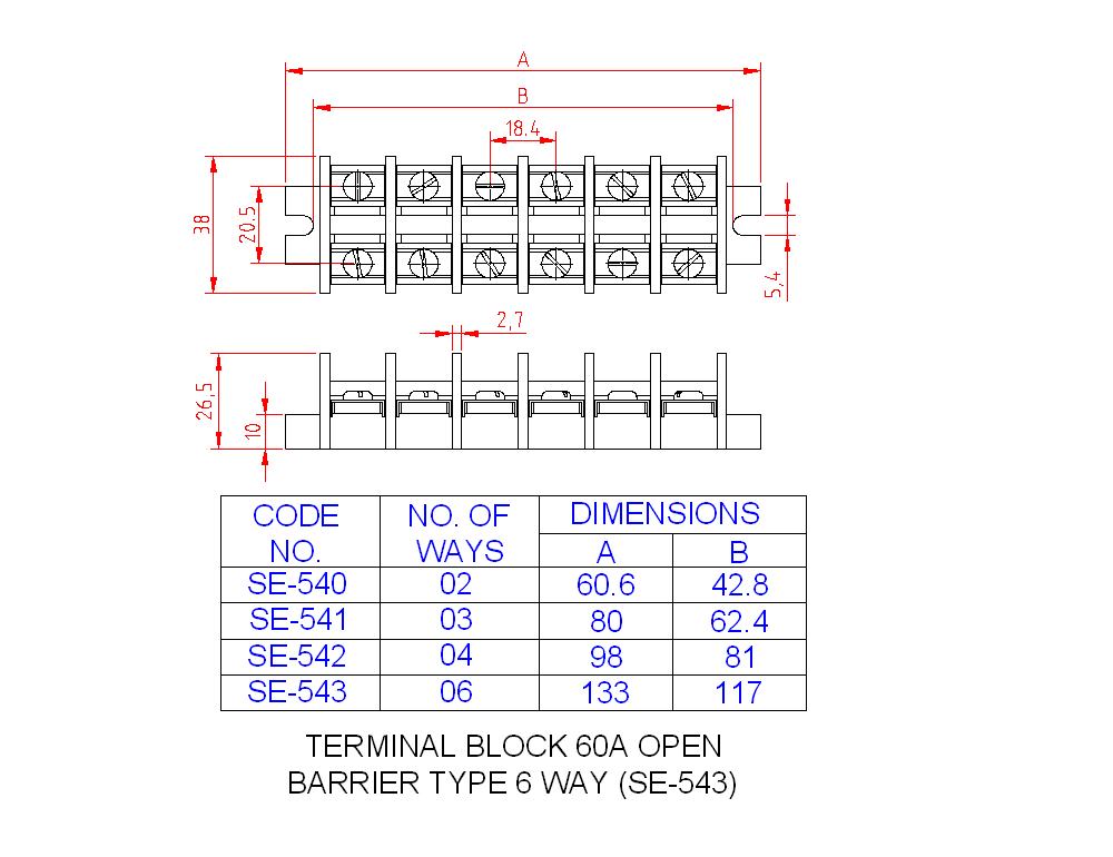 Dimensional drawing for SM542 Terminal Block Open Barrier Type 60A 4 Way