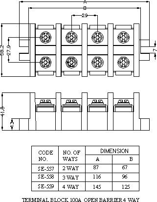 Dimensional drawing for SM557 Terminal Strip Open Barrier Type 100A 2 Way