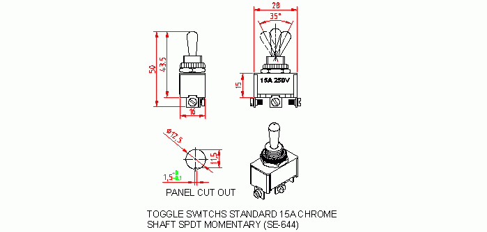 Dimensional drawing for SM644 Toggle Switches Standard 15A SPDT MOM-OFF-MOM