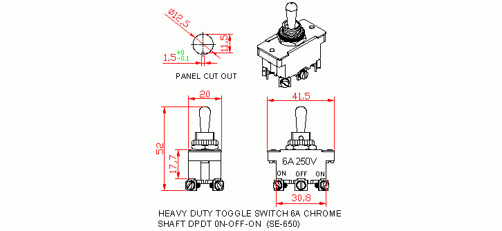 Dimensional drawing for SM650 Heavy Duty Toggle Switches 6A DPDT On-Off-On