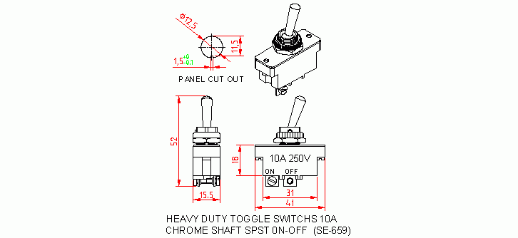 Dimensional drawing for SM659 Heavy Duty Toggle Switches 10A SPST On-Off