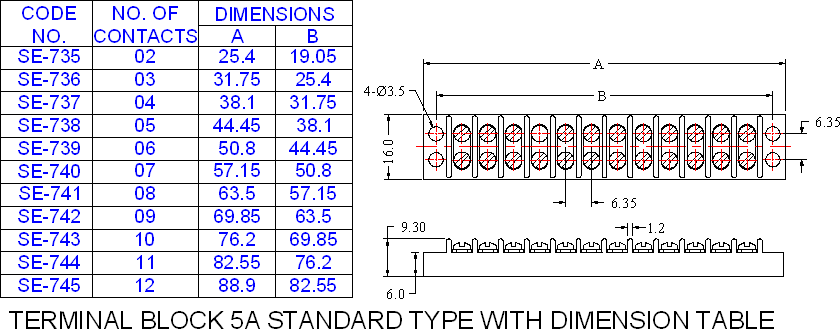 Dimensional drawing for SM739 Terminal Block Standard Type 5A 6 Way