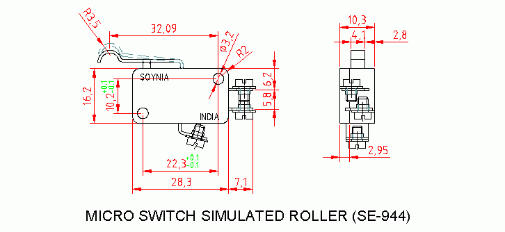 Dimensional drawing for SM932 M. Switch Double Lever